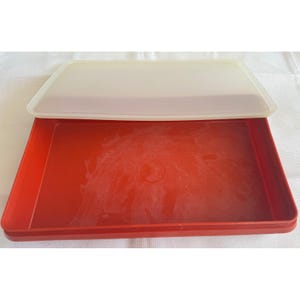 Op de afbeelding: Een rechthoekige rode plastic container met een doorschijnend wit deksel. Het deksel staat iets open en onthult de binnenkant van de container. De container lijkt leeg en staat op een witte ondergrond.