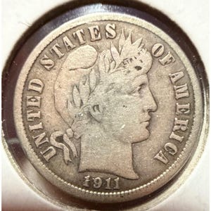 Moneda de plata estadounidense Barber Dime de 1911-S, ceca de San Francisco, 90% plata, 10 centavos.