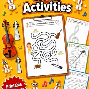May include: A collection of educational violin activity worksheets on a clipboard, featuring a maze, a treble clef tracing exercise, a violin parts labelling diagram, and a cut-and-paste sheet, surrounded by cartoon violin characters and musical notes.