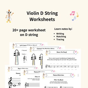 Pode incluir: Um conjunto de mais de 20 páginas de fichas de exercícios para a corda Ré do violino com notação musical, exercícios de traçado, correspondência e escrita. As páginas incluem diagramas de escalas, pautas e uma chave de respostas.