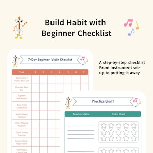 May include: A two-page beginner violin practice checklist and chart. The first page features a 7-day task grid for violin setup and care. The second page includes a teacher's note section and three rows of stars to colour in for practice tracking.