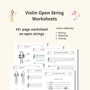 May include: A stack of violin open string worksheets with colorful illustrations. The worksheets include exercises for writing, matching, and tracing notes. Text on the worksheets reads "Violin Open String Worksheets" and "10+ page worksheet on open strings."
