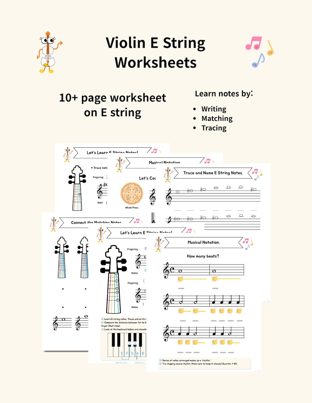 Violin Note Learning Worksheet Beginner Violin E String Worksheets | Easy Music Theory | Note Reading ...
