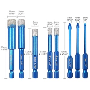 Peut inclure: Ensemble de mèches bleues avec des pointes argentées, de 3mm à 12mm. Chaque mèche affiche des mesures en millimètres et en pouces. Idéales pour percer divers matériaux.