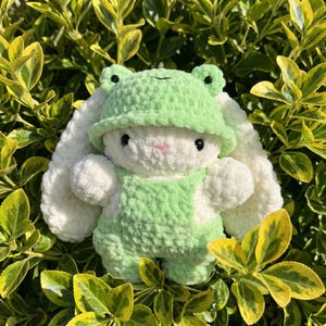 Peut inclure: Une peluche de lapin crochetée à la main, portant un chapeau et une salopette verts en forme de grenouille. Le lapin est blanc avec des yeux noirs et un nez rose. La peluche est entourée de feuillage vert et jaune.