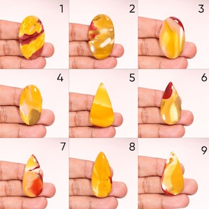 Puede incluir: Una colección de nueve piedras preciosas pulidas de varias formas, incluyendo ovaladas y en forma de lágrima. Las piedras muestran una mezcla de tonos amarillos, naranjas y rojos, con patrones y vetas únicos. Cada piedra se sostiene en una mano.