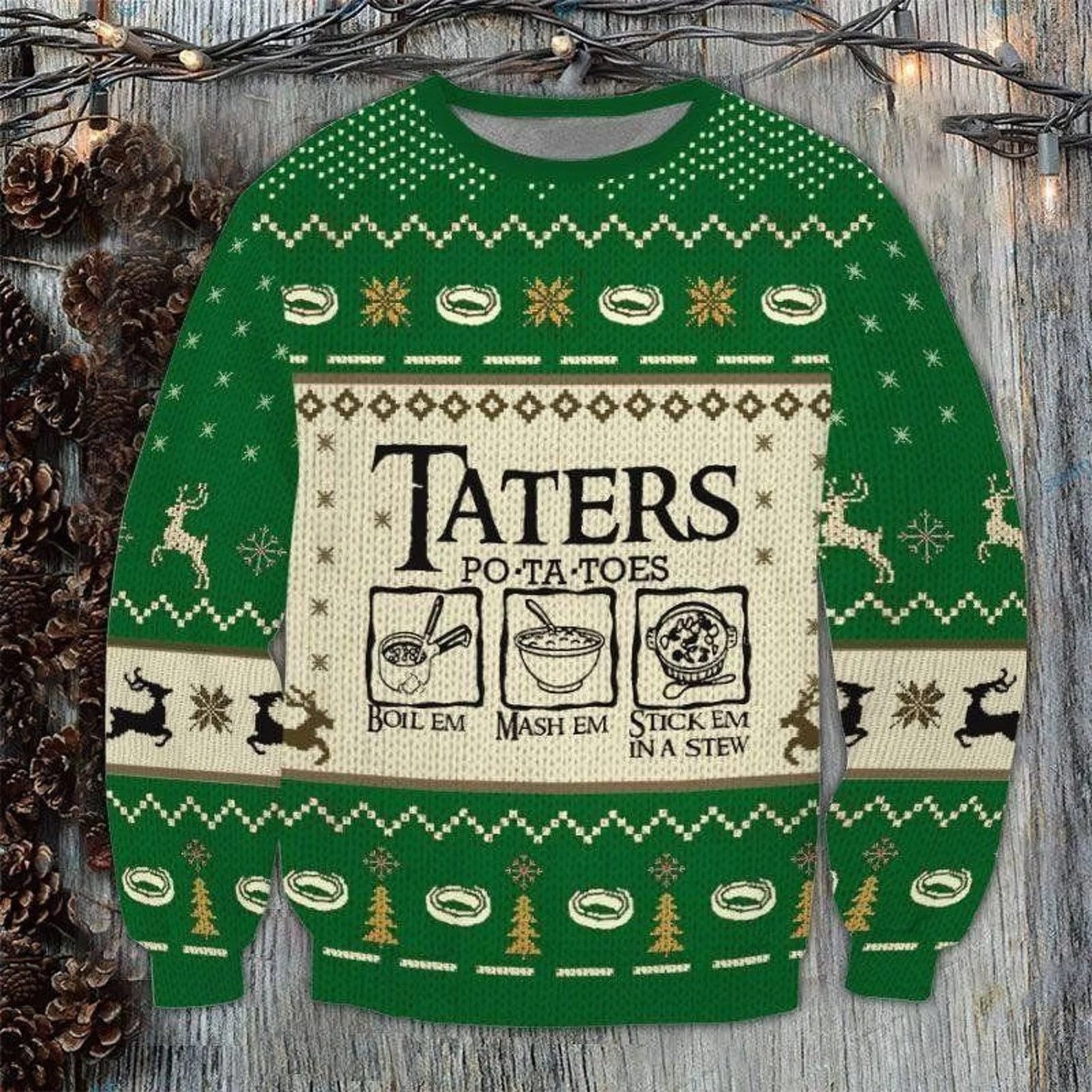 Discover Taters Potatoes LOTR Green Knitted Sweater Ugly Christmas