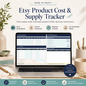 May include: A laptop screen displaying an Etsy Product Cost & Supply Tracker spreadsheet with sections for supply inventory, COGS builder, and a summary dashboard. The interface includes columns for material names, costs, and inventory totals.