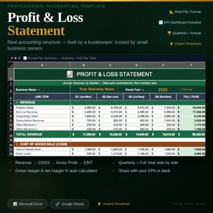 May include: A professional accounting template for a Profit & Loss Statement. The green and black document includes sections for revenue, cost of goods sold, and other financial data. It is designed for small business owners and includes a KPI dashboard.