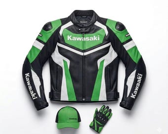 Kawasaki Racing Leather Jacket Men Green Black Motorcycle Biker Jacket Rider Gift