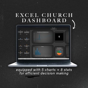 Op de afbeelding: Een laptop met een Excel Church Dashboard, met 5 grafieken en 8 statistieken voor efficiënte besluitvorming. Het scherm toont datavisualisaties en de tekst "EXCEL CHURCH DASHBOARD". De achtergrond is donkergrijs.