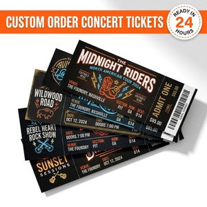 May include: Custom concert tickets with a black background. The tickets feature the text "Midnight Riders North American Tour 2024", "Wildwood Road", "Rebel Heart Rock Show", and "Sunset Sessions". Ready in 24 hours.