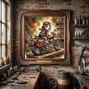 以下が含まれることがあります： 茶色のバイクに乗ったビーグル犬の水彩画。犬は革のジャケットとアビエイターゴーグルを着用しています。作業場には工具、歯車、レンガの壁があります。