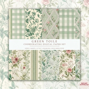 Grüne Toile Digital Paper Bundle, nahtlose Blumenmuster-Sammlung 12x12 hohe Auflösung PNG