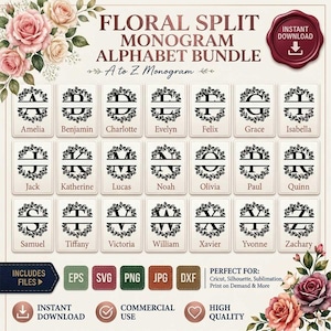 May include: A digital graphic set titled Floral Split Monogram Alphabet Bundle featuring letters A through Z in black, each enclosed in a circular floral wreath. The design includes names below each letter and file format icons for EPS, SVG, PNG, JPG, and DXF.