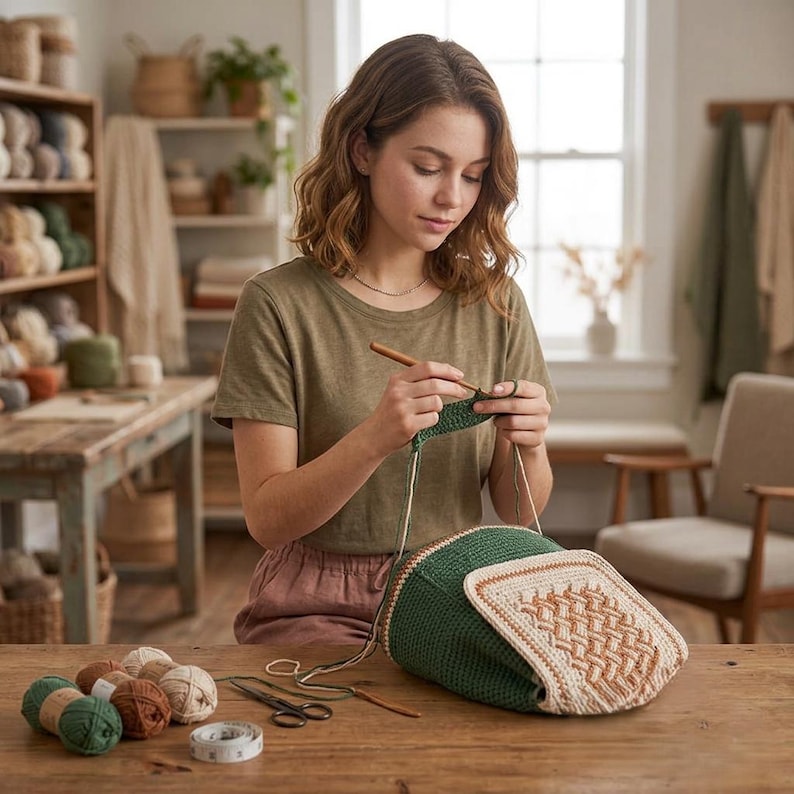 May include: A crochet bag featuring a dark green body and a beige flap with a textured woven pattern. The bag is being crafted with a wooden crochet hook, with several balls of yarn in shades of green and brown, scissors, and a tape measure nearby.