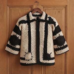 May include: A long-sleeve crochet cardigan featuring a granny square pattern in cream and black. The garment has a collared neckline, a button-down front, and a black bird motif appliqued on the upper right chest area with sunburst designs.