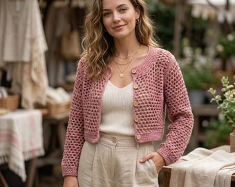 Patroon gehaakt vest met mesh pdf, bijgesneden bolero met knopen, stoffige roze gehaakte trui, zelfstudie vest mesh voor beginners