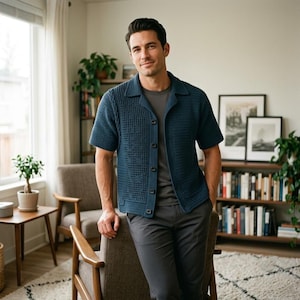 May include: A dark teal short-sleeved knit button-down shirt with a textured open-weave pattern on the front panels, a classic collar, and a solid dark gray t-shirt worn underneath, paired with dark gray trousers.