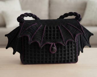 Bat Wing Crochet Handbag Pattern, Gothic Crochet Bag Pattern, Halloween Purse PDF, Waffle Stitch Bag PDF, Bat Purse Pattern