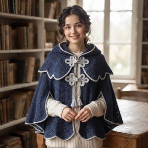 May include: A dark blue hooded cape featuring an intricate knit pattern, scalloped edges, and light grey trim. The garment is secured at the front with two decorative light grey toggle closures shaped like four-leaf clovers with hanging tassels.