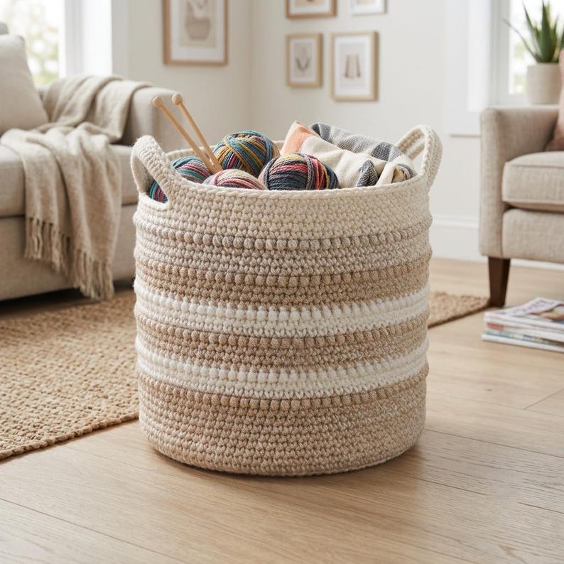 May include: A round, cream-colored crochet storage basket with horizontal stripes in tan and white, featuring two integrated handles. The basket is filled with several colorful yarn balls and two wooden knitting needles protruding from the top.