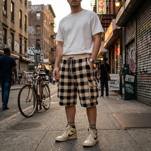 Könnte beinhalten: Eine Person trägt ein weißes T-Shirt und eine schwarz-beige karierte Shorts mit Taschen. Die Person trägt auch beige High-Top-Sneaker mit schwarzen Akzenten. Der Hintergrund zeigt eine Stadtstraße mit einem Fahrrad.