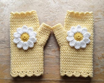 Haakpatroon voor vingerloze handschoenen met madeliefjesmotief, vingerloze handschoenen PDF, gehaakte handwarmers, patroon voor vingerloze wanten, polswarmers PDF