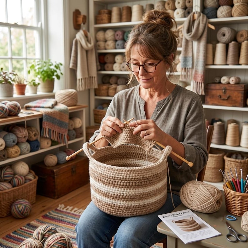 May include: A round, two-toned beige and white crocheted basket with two side handles, featuring a textured stitch pattern. The basket is being crafted with wooden knitting needles and yarn, with a printed instruction sheet nearby.