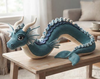 Haakpatroon voor een zeedraak, haakpatroon voor een drakenkussen, haakpatroon voor een zeemeermin (PDF), patroon voor een grote pluche draak, haakpatroon voor een gigantische draak (PDF)