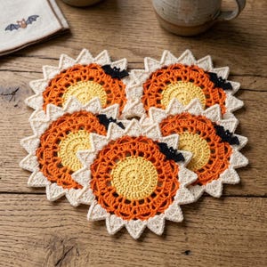 May include: A set of four round crochet coasters featuring a yellow center, an orange middle ring, and a cream-colored pointed border. Each coaster is decorated with a small black crocheted bat appliqué attached to the outer edge.