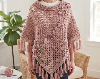 Patrón de poncho de ganchillo estilo abuela, patrón de poncho bohemio, PDF de poncho de ganchillo con flores, patrón de ganchillo para adultos, PDF de poncho estilo abuela