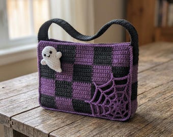 Haakpatroon voor een schoudertas met Halloween-thema, gehaakte tas met dambordpatroon (PDF), patroon voor een spooktas, eenvoudig te haken tasje (PDF), schoudertas voor beginners