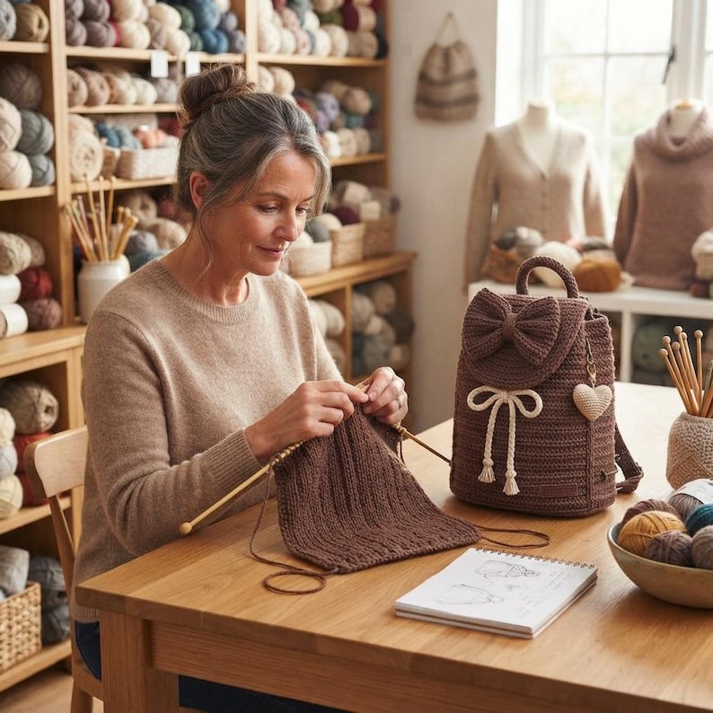 Peut inclure: Un sac &agrave; dos en crochet marron dot&eacute; d'un grand n&oelig;ud sur le rabat avant, d'un cordon de serrage en corde blanche avec des pompons et d'une petite breloque en forme de c&oelig;ur sur le c&ocirc;t&eacute;. Le sac poss&egrave;de une poign&eacute;e sup&eacute;rieure et des bretelles.