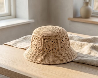 Gehaakt patroon voor een Grandma Square bucket hat met bloemenprint | Boho zonnehoed voor beginners (PDF download) | Gehaakte strandhoed PDF