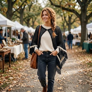 Pode incluir: Uma mulher usando um poncho de crochê preto com franjas creme, um suéter creme e jeans escuros. Ela carrega uma bolsa de couro marrom e caminha por um caminho coberto de folhas caídas. O fundo mostra um mercado com tendas brancas e árvores.