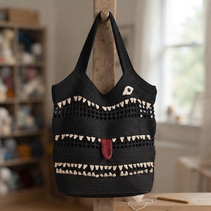 May include: A black crochet tote bag featuring a monster-inspired design with rows of cream-colored triangular teeth, a single cream-colored eye detail near the top, and a protruding red tongue centered in the middle of the bag's front panel.