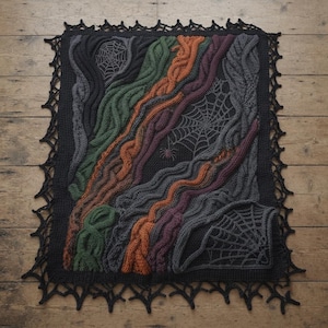 May include: A rectangular crochet blanket featuring a black base with raised, wavy textured cables in shades of green, orange, purple, and grey. The design includes intricate spiderweb patterns and a small spider, finished with a black web-like border.