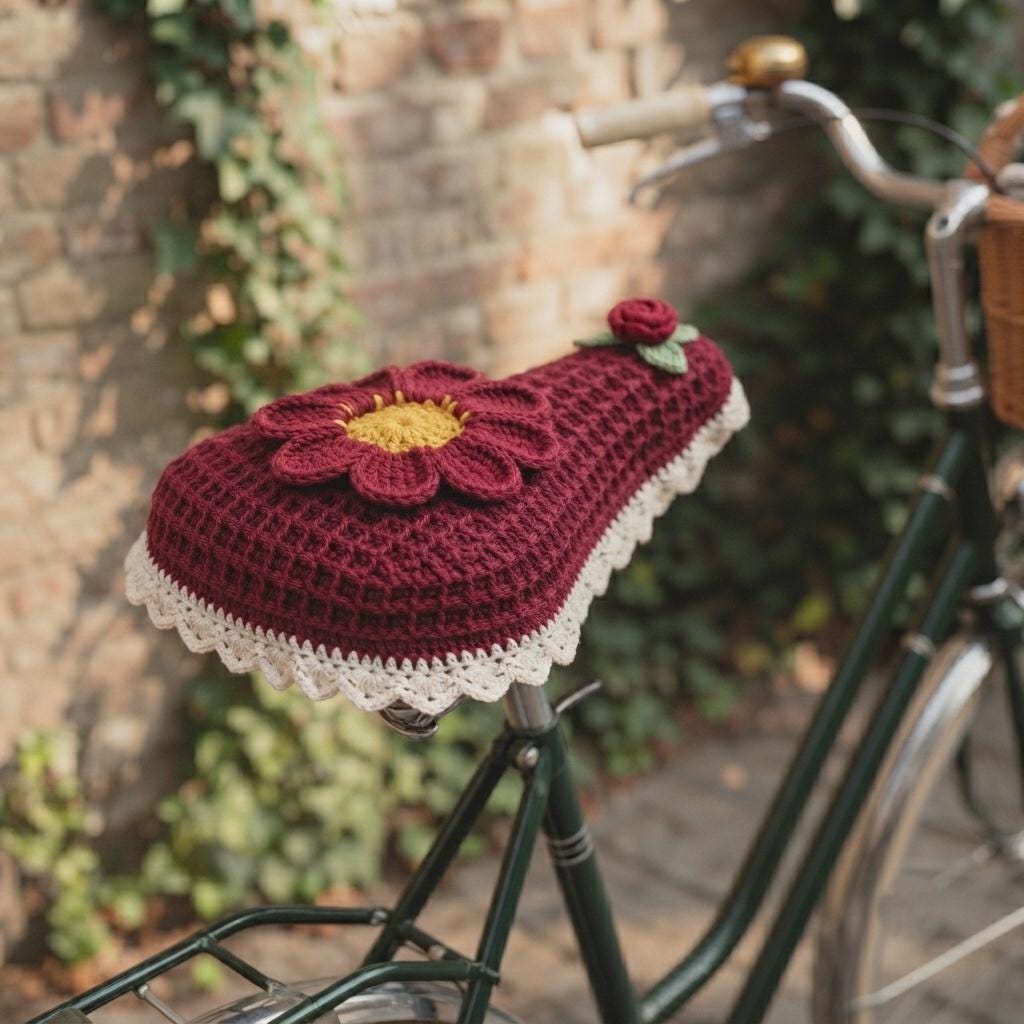 30 Bicycle Crochet Patterns for Bikes, Decor, Gifts, and Cozy Home Projects 24 Floral Waffle Stitch Bicycle Seat Cover Pattern