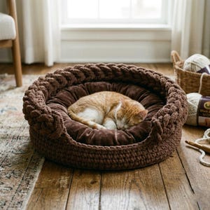 May include: A brown, round cat bed with a braided edge and a soft, plush interior. An orange and white cat is curled up asleep inside the bed. The bed is on a hardwood floor, with a window and yarn in the background.