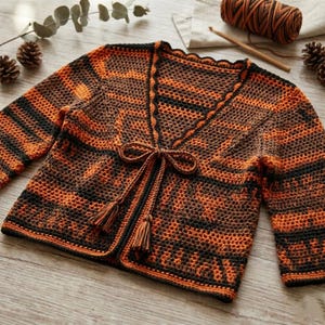 Modello per cardigan all'uncinetto con laccetti sul davanti, maglione autunnale boho con scollo a V (download PDF)