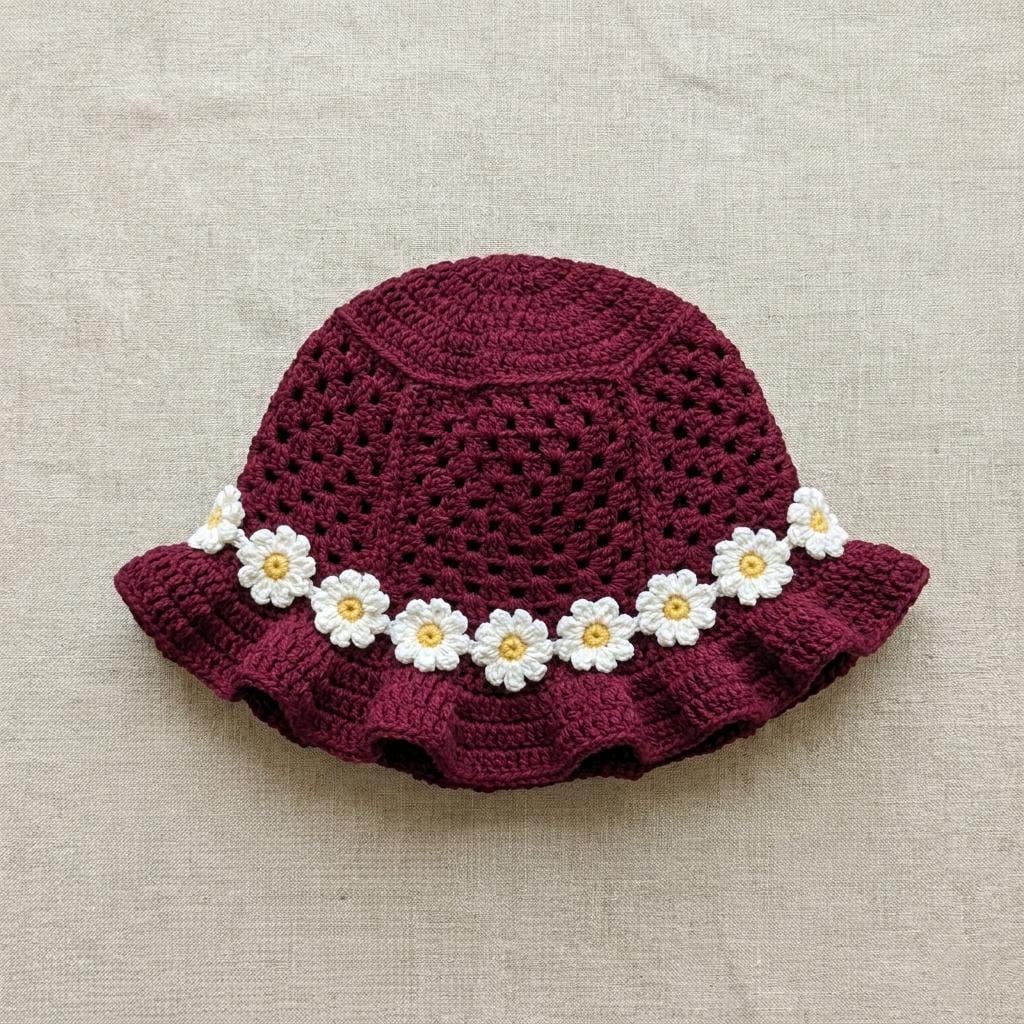 30 Ruffle Bucket Hat Crochet Patterns for Summer, Cottagecore, and Everyday Wear 10 Burgundy Daisy Ruffle Bucket Hat Crochet Pattern