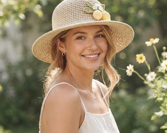 Haakpatroon voor een zonnehoed, gehaakte hoed met brede rand (PDF), zomerhoed voor op het strand, hoedpatroon met citroenmotief voor in de tuin, haakpatroon voor volwassenen (PDF)
