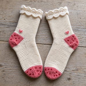 Strawberry Milk Crochet Socks Pattern, Ruffle Cuff Socks PDF, Pink Heel and Toe, Heart Embroidery Socks,  Sizes S–L