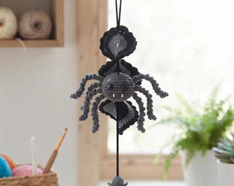 Haakpatroon voor een spinnenwindmolen, Halloween haakpatroon PDF, spinnenhangdecoratiepatroon, spiraalwindmolen PDF, griezelige windmolen PDF