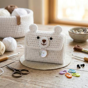 May include: A white crocheted bear-shaped wallet with black eyes, a brown nose, and a button closure. The wallet has two small, round ears. A basket of yarn and crochet tools are in the background.