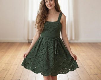 Patrón de vestido de ganchillo con rombos en relieve, vestido de ganchillo con cuello cuadrado en PDF, patrón de vestido de ganchillo bohemio de verano, vestido de ganchillo para mujer en PDF