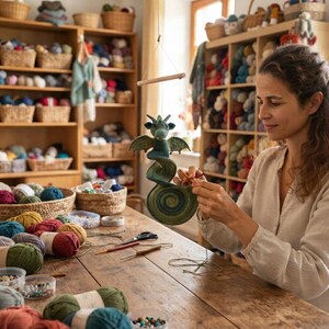 May include: A crocheted green dragon with a spiral-shaped body suspended from a wooden mobile frame. The dragon features small wings, pointed ears, and a textured surface. It is crafted from yarn and is currently being worked on with a crochet hook.
