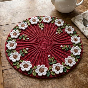 May include: A round, deep red crochet placemat featuring a textured, ribbed radial pattern. The outer edge is decorated with a series of white, five-petaled flowers with brown centres, connected by small, green crocheted leaves and stems.
