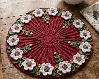 Gehaakt bloemenpatroon tafelkleed, bloemen middenstuk, rond haakwerk met textuur (digitale download)